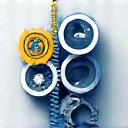 Icône de précision avec des engrenages fins et des outils de mesure.